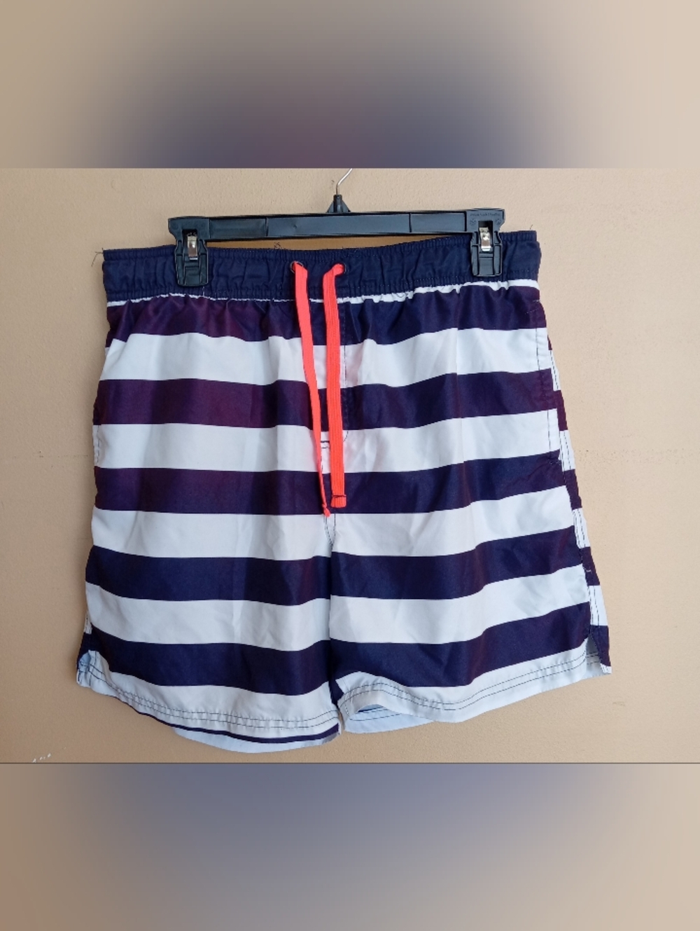 Striped Navy & White Swim Trunks with Orange Drawcord